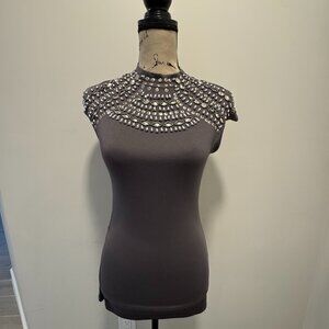 Dark Grey Jeweled Mock Neck Top